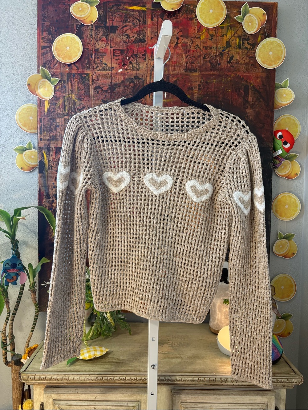 Heart-Accent Open Knit Sweater Size S/M
